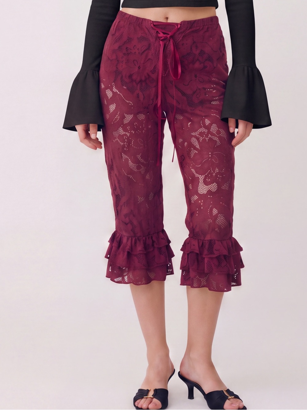 ROMWE Burgundy Grunge Fairy Sheer Lace Ruffled Bell Bottom Bloomer Pants cropped